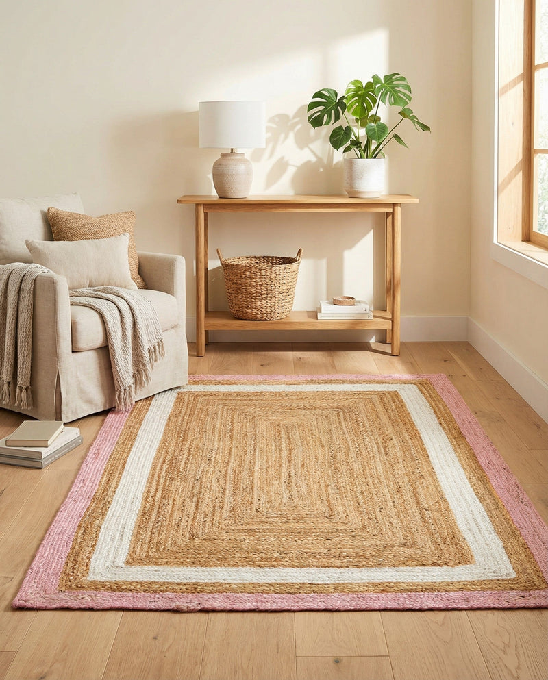 Woven Seaside Jute Collection Area Rug - Nantucket Rectangle Pink White Natural  lifestyle 21
