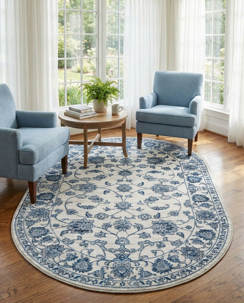 Charleston Elegance Collection Area Rug -  Seaport (White Blue) Oval White Blue  lifestyle 75