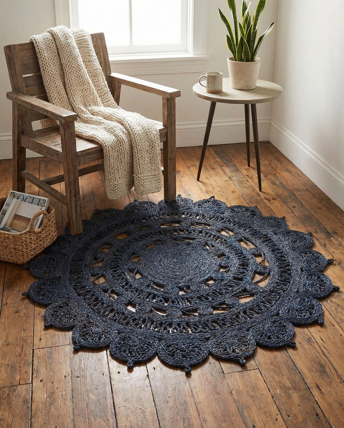 Woven Seaside Jute Collection Area Rug - Coastalhaven (Navy Blue) Round Navy Blue  lifestyle 22