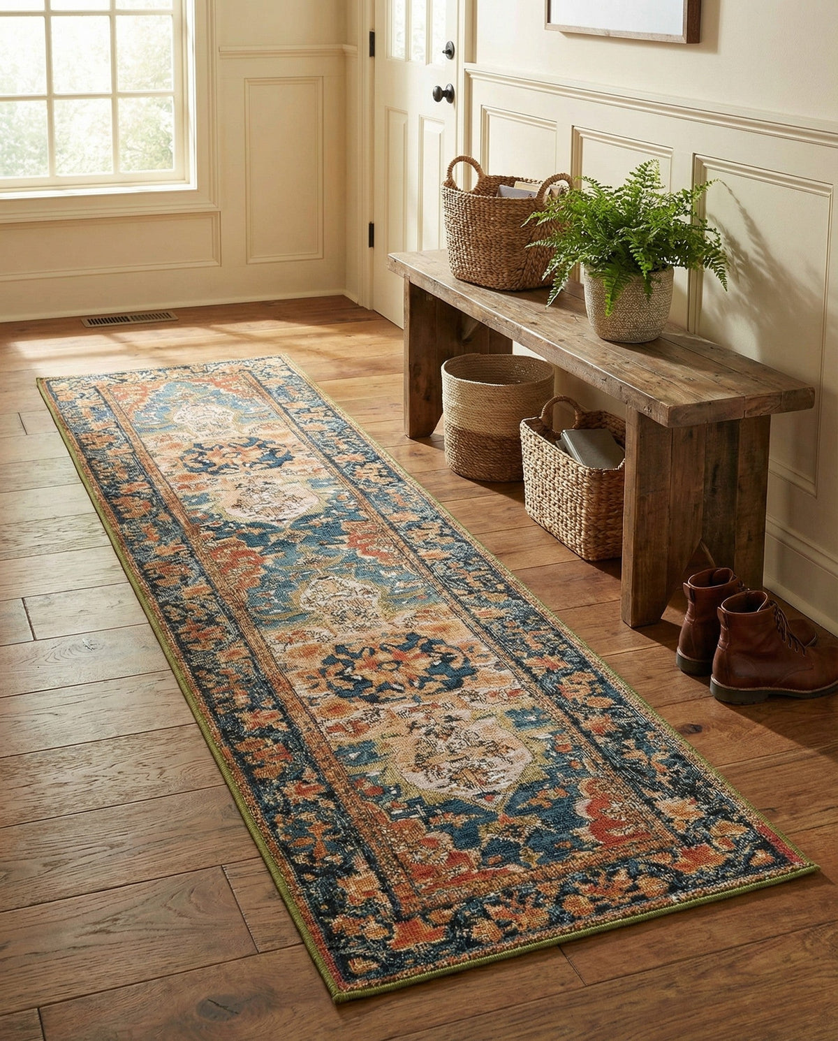 Patio Heritage Collection Area Rug -  Grove Runner Navy Blue and Rust Red  lifestyle 94