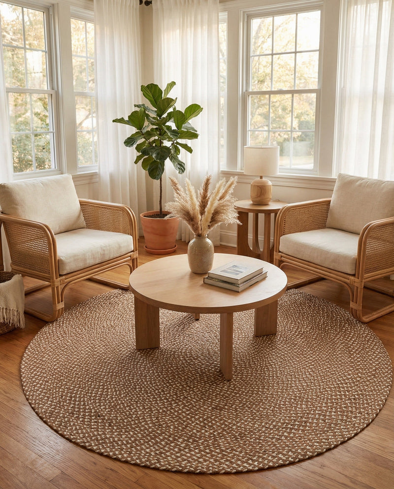 Highland Woven Jute Collection Area Rug - Glenmore (Light Brown) Round Light Brown  lifestyle 33