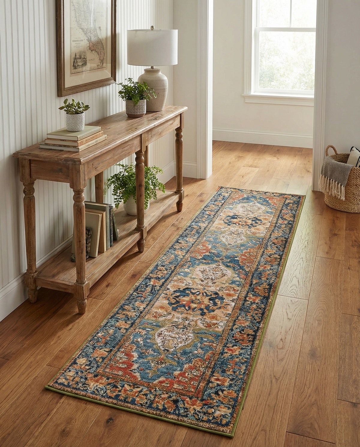 Patio Heritage Collection Area Rug -  Grove Runner Navy Blue and Rust Red  lifestyle 95