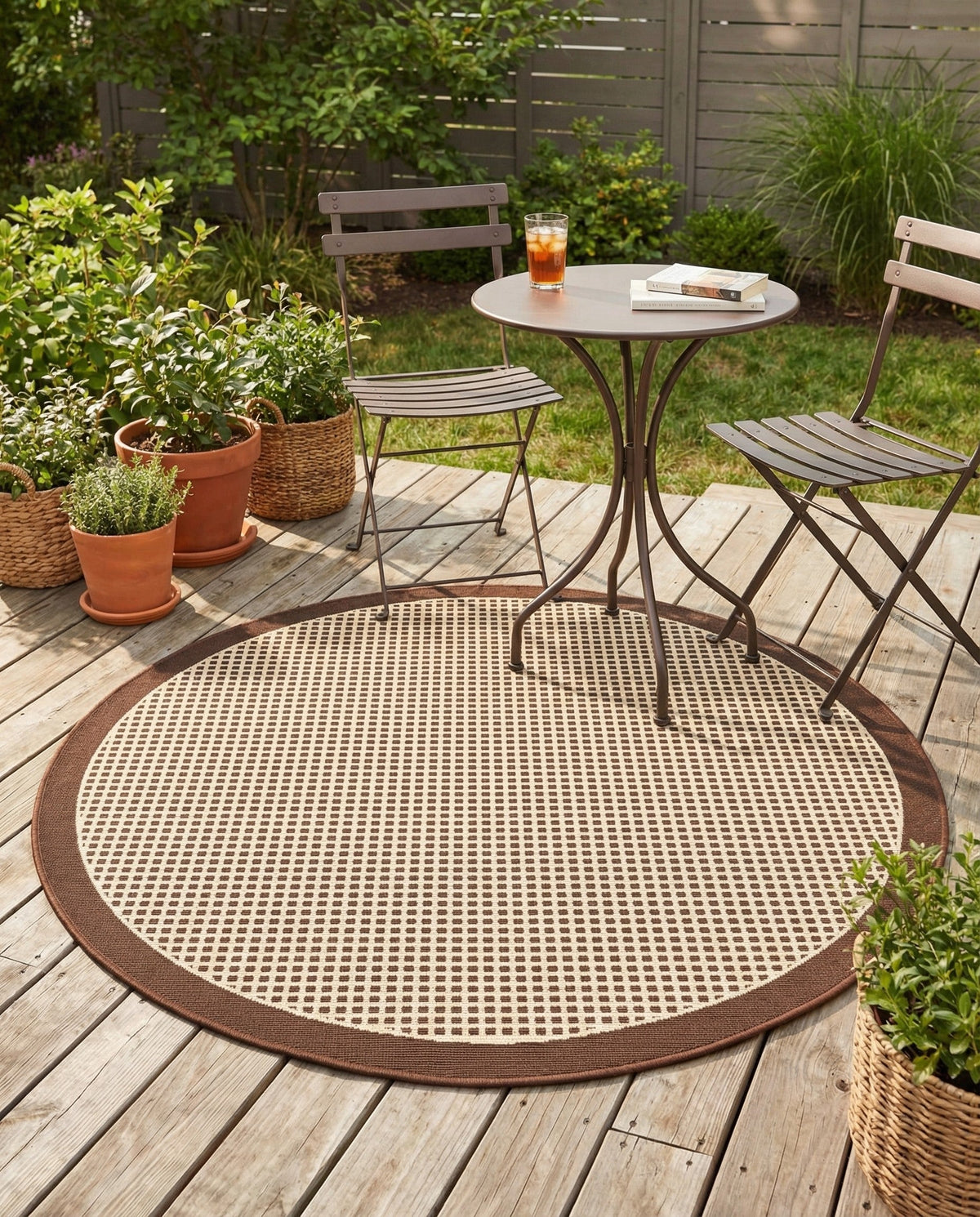 Terrace Fringe Collection Area Rug - Oceanside Round Brown  lifestyle 175