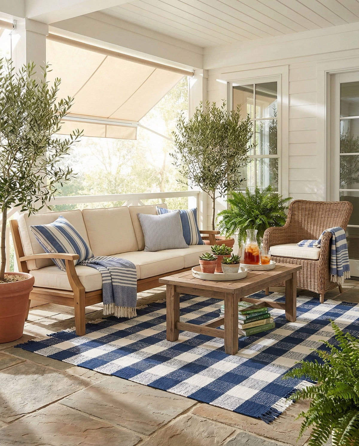 Sustainable Grid Indoor-Outdoor Oasis Collection Area Rug - Savannah Square Navy Blue  lifestyle 197