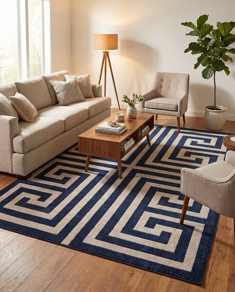 Aegean Labyrinth Collection Area Rug -  Mykonos Rectangle Navy Blue  lifestyle 47