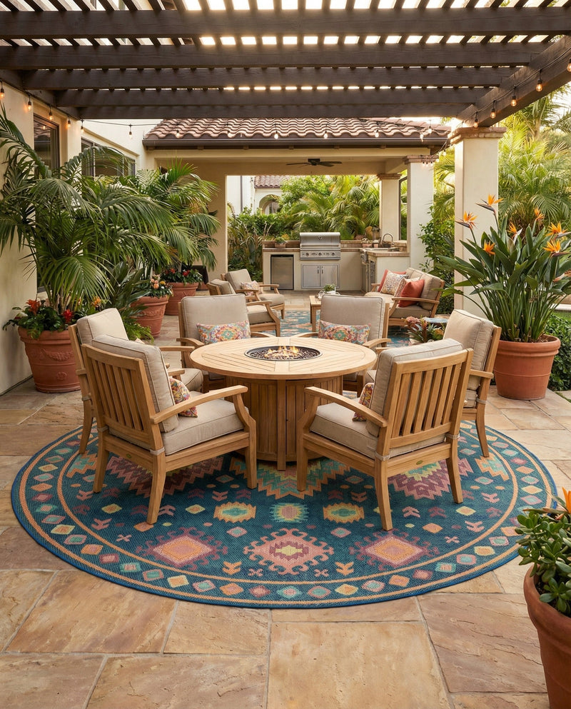 Coastal Terrace Collection Area Rug -  Dunes Round Navy Blue  lifestyle 59
