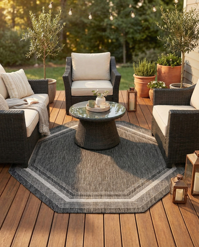 Terrace Fringe Collection Area Rug - Veranda (Black) Octagon Black  lifestyle 45