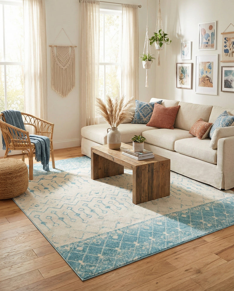 Mediterranean Lattice Collection Area Rug -  Casablanca (Ivory Blue) Square Ivory Blue  lifestyle 34