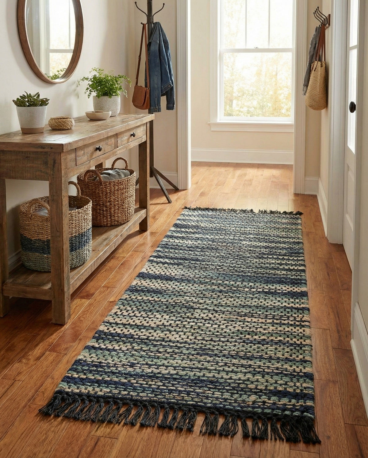 Savannah Jute Collection Area Rug - Nantucket Runner Green and Ivory  lifestyle 90