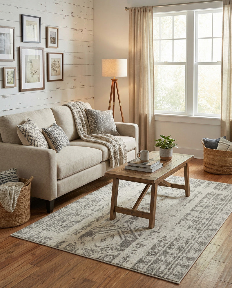 Brighton Stripes Collection Area Rug - Sussex (Ivory and Gray) Rectangle Ivory and Gray  lifestyle 10