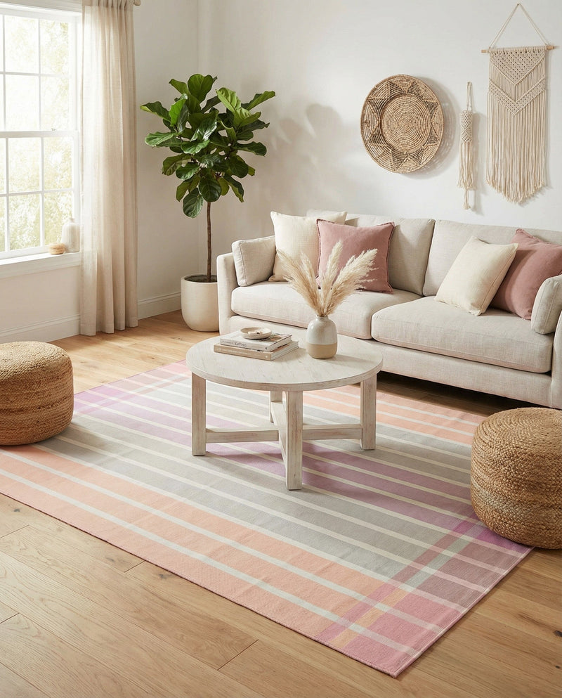Seaside Stripes Collection Area Rug -  Coral Rectangle Pink and Lavender  lifestyle 60