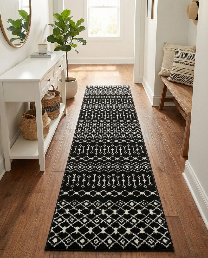 Mediterranean Lattice Collection Area Rug - Santorini (Black and White) Runner Black and White  lifestyle 54