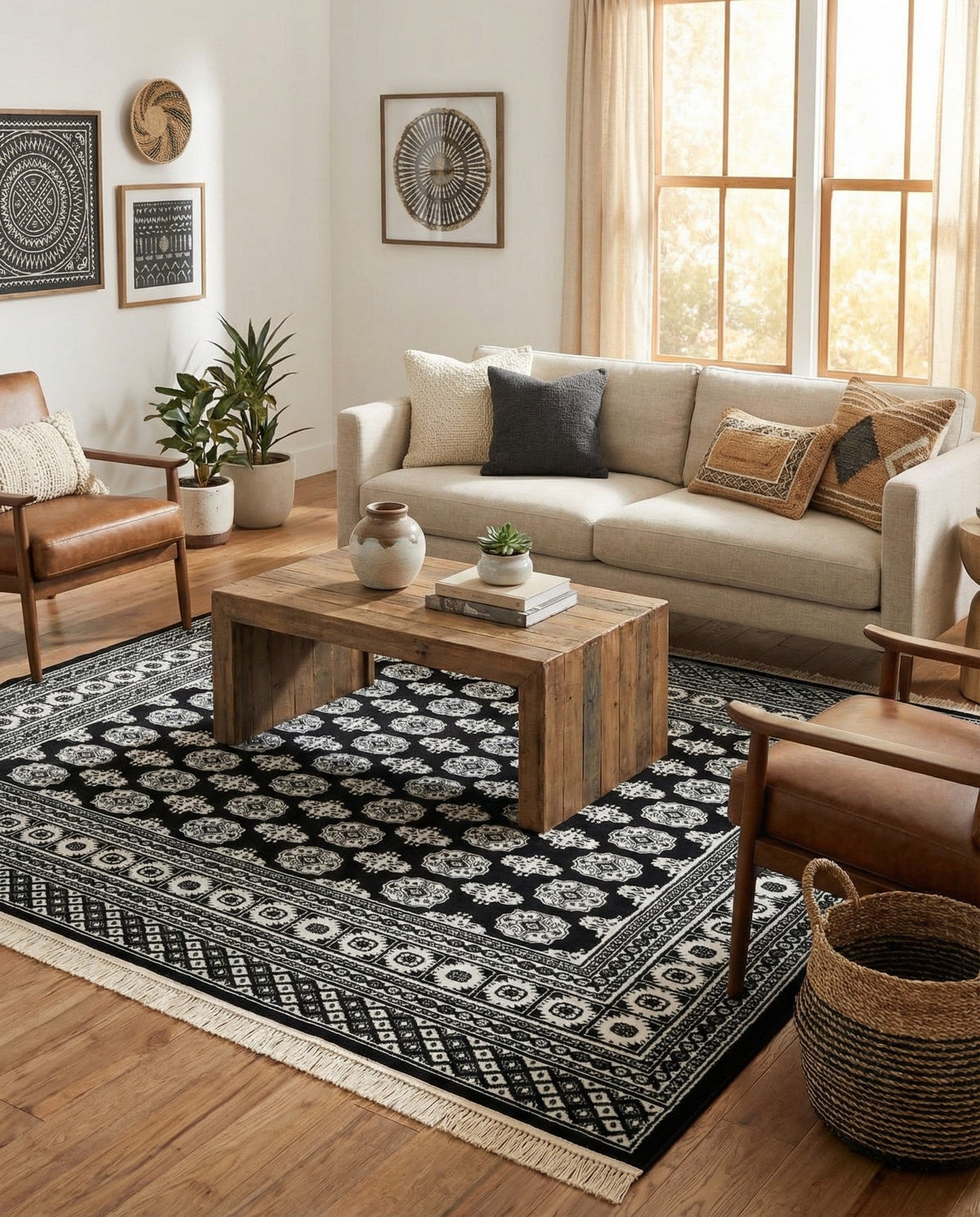 Samarkand Elegance Collection Area Rug -  Margilan (Black and White) Square Black and White  lifestyle 86
