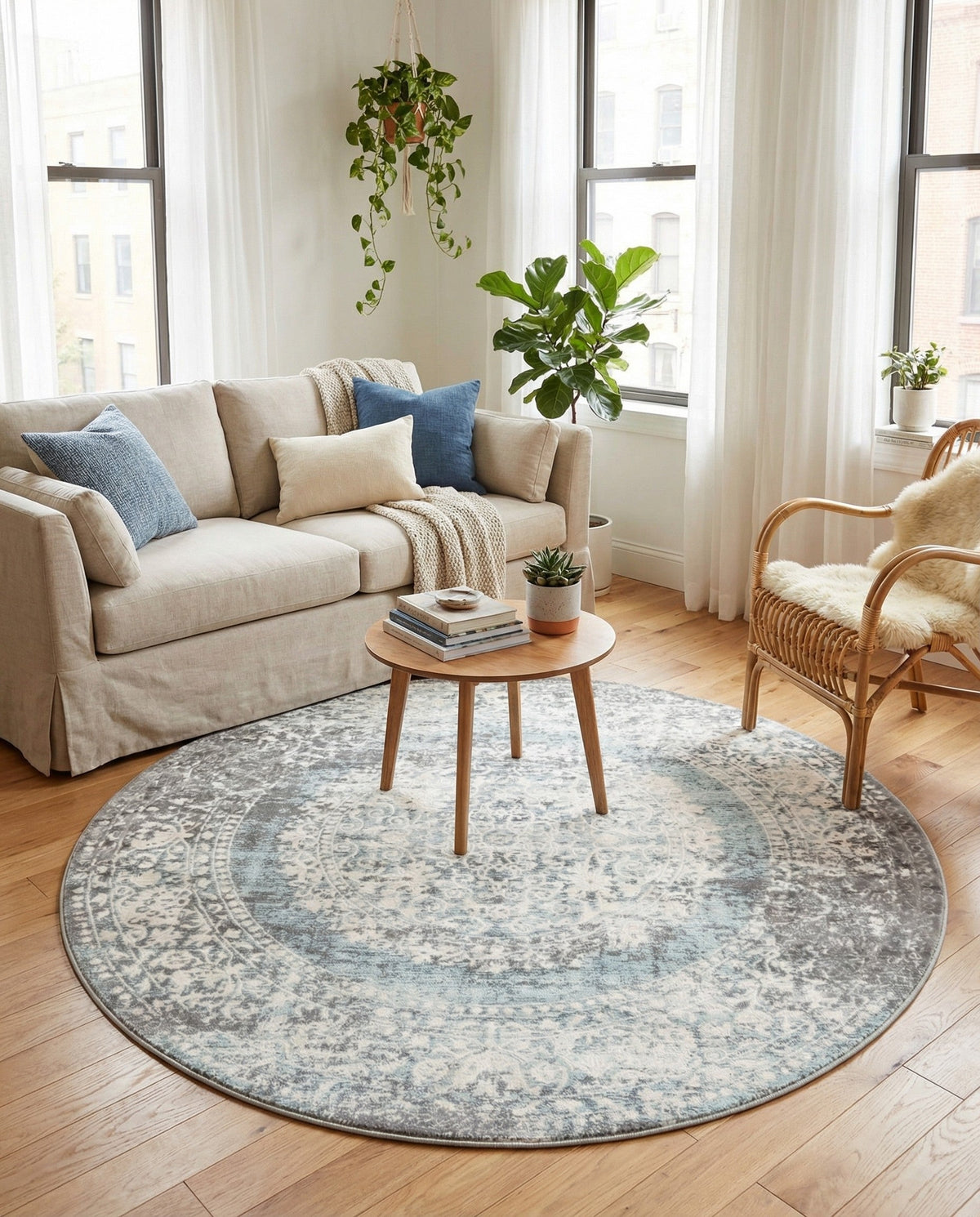 Rustic Charm Revival Collection Area Rug -  Meadowland Round Light Blue  lifestyle 118