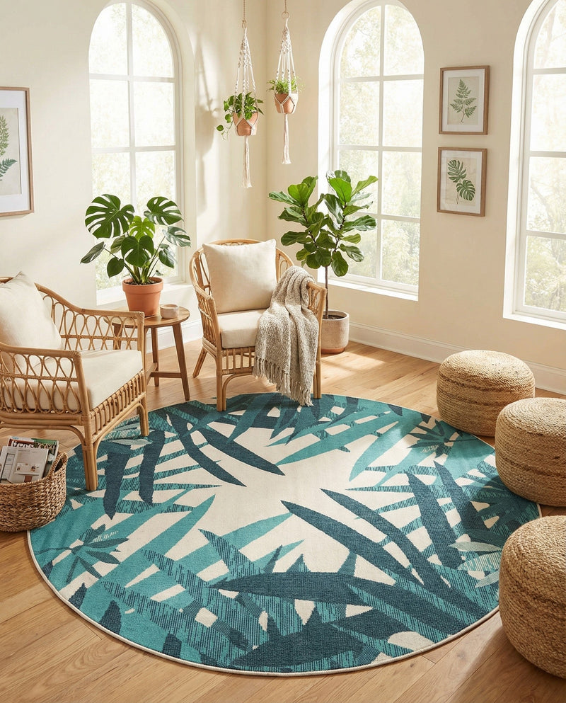 Seaside Blooms Collection Area Rug -  Provence Round Teal blue  lifestyle 20