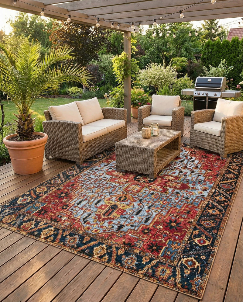 Patio Heritage Collection Area Rug -  Garden Rectangle Rust Red and Blue  lifestyle 13