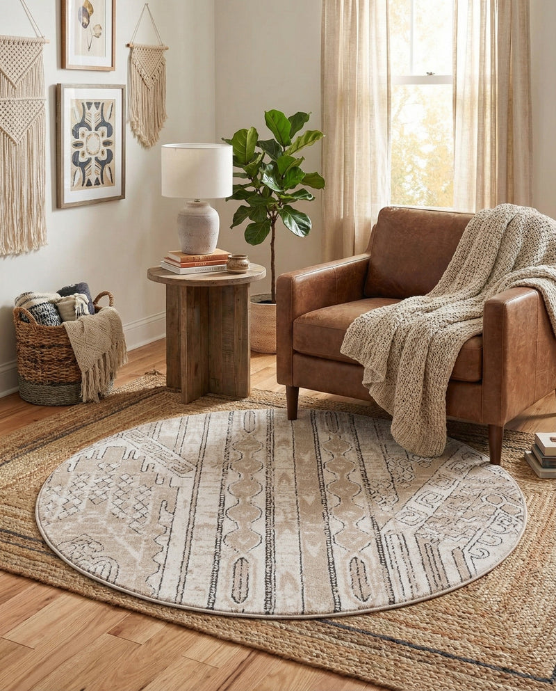 Cascade Range Collection Area Rug - Hood (Ivory) Round Ivory  lifestyle 79