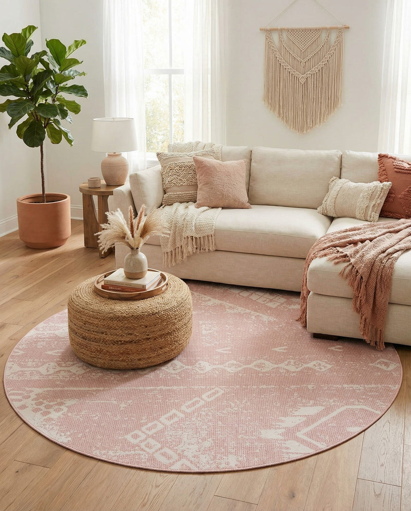 Desert Nomad Terrace Collection Area Rug - Sahara (Pink) Round Pink  lifestyle 43