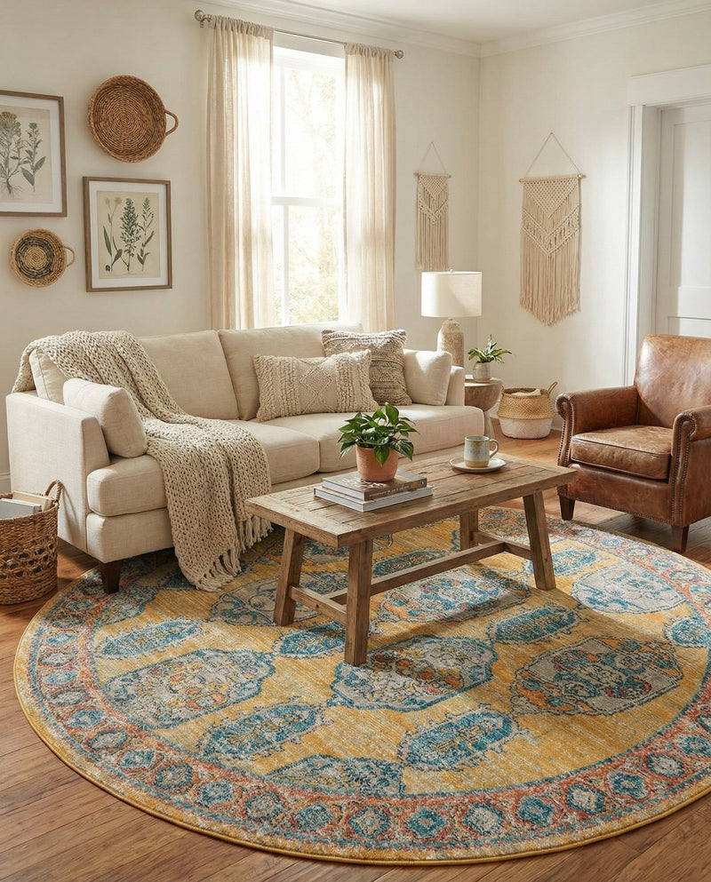Seville Stripes Collection Area Rug -  Granada (Yellow) Round Yellow  lifestyle 46
