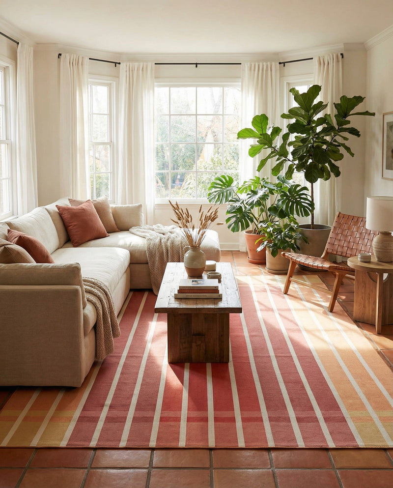 Seaside Stripes Collection Area Rug -  Coral Rectangle Peach and Salmon  lifestyle 23