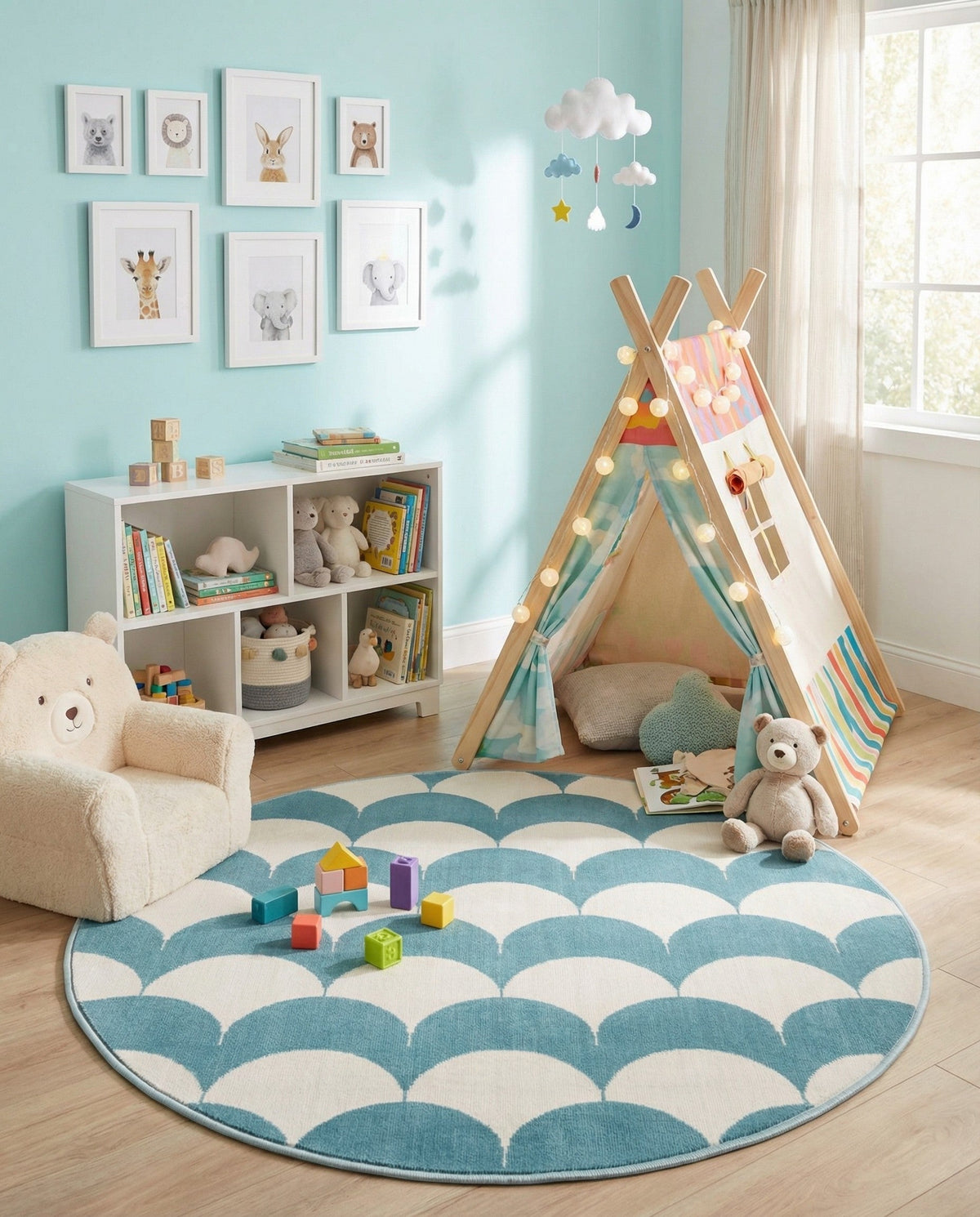 Wonder Tykes Collection Area Rug - Sparklewood Round Sky blue  lifestyle 136