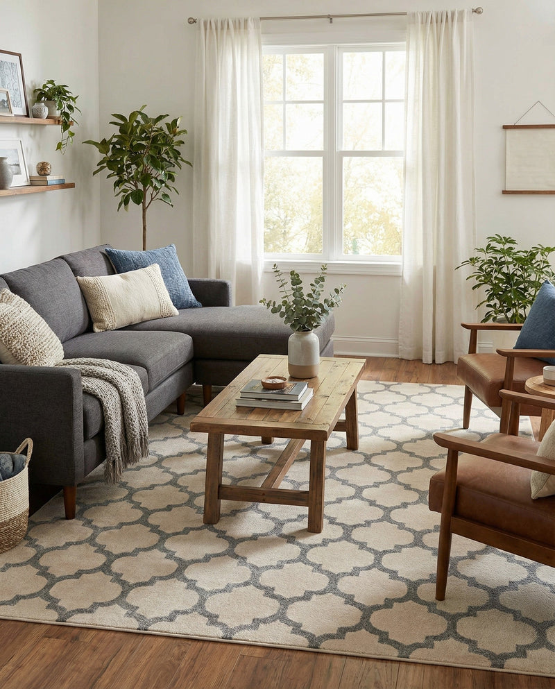Lattice Gardens Collection Area Rug -  Bloomfield (Beige and Gray) Rectangle Beige and Gray  lifestyle 11