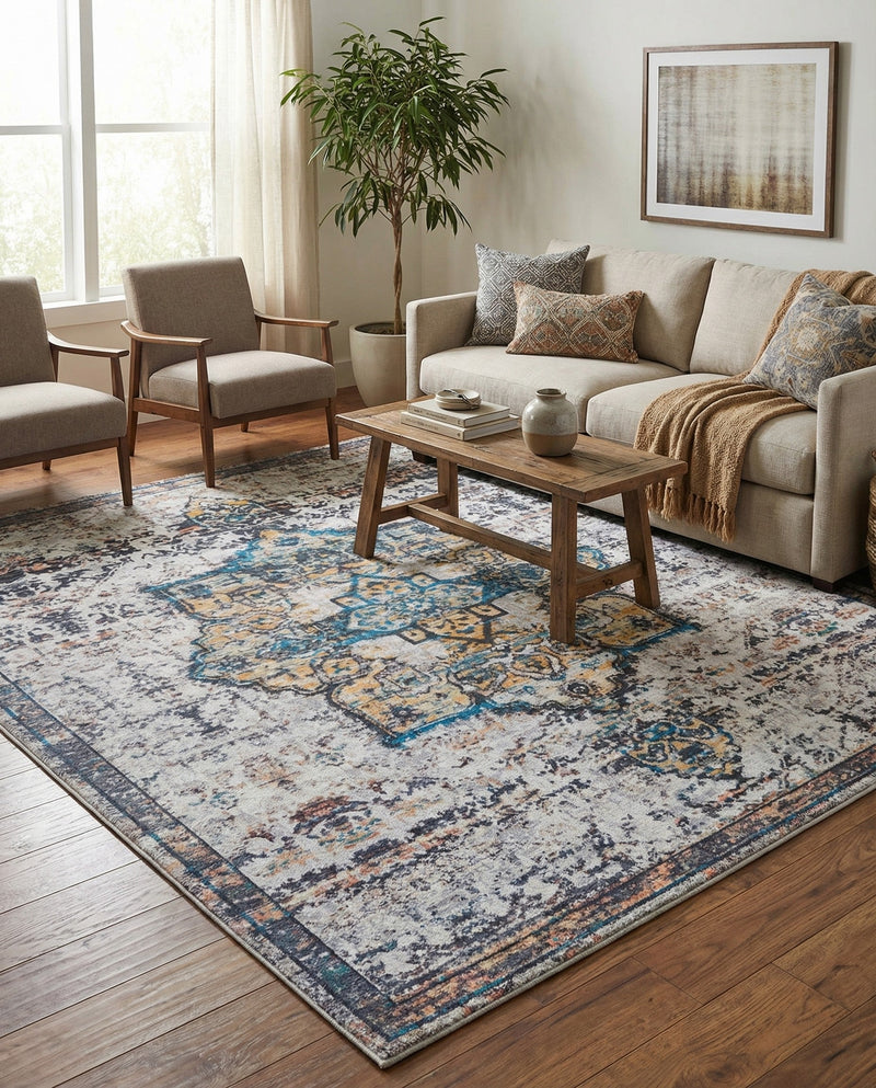 Baroque Era Collection Area Rug - Versailles (Sea Salt White) Square Sea Salt White  lifestyle 61