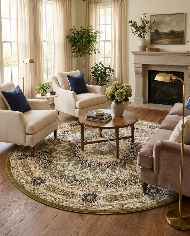 Persian Elegance Collection Area Rug -  Hamedan (Green) Round Green  lifestyle 29
