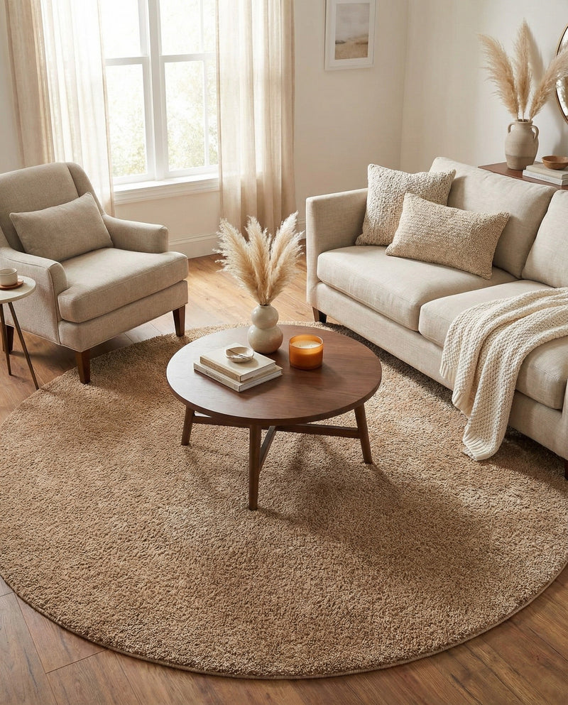 Solid Shag Seaside Collection Area Rug - Azure Cove (Light Brown) Round Light Brown  lifestyle 28