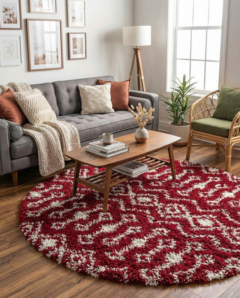 Berber Lattice Shag Collection Area Rug - Atlas (Burgundy Red) Round Burgundy Red  lifestyle 24