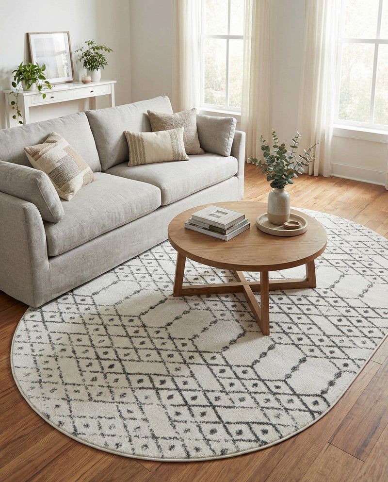 Marrakesh Lattice Collection Area Rug - Casablanca (Ivory Black) Oval Ivory Black  lifestyle 73