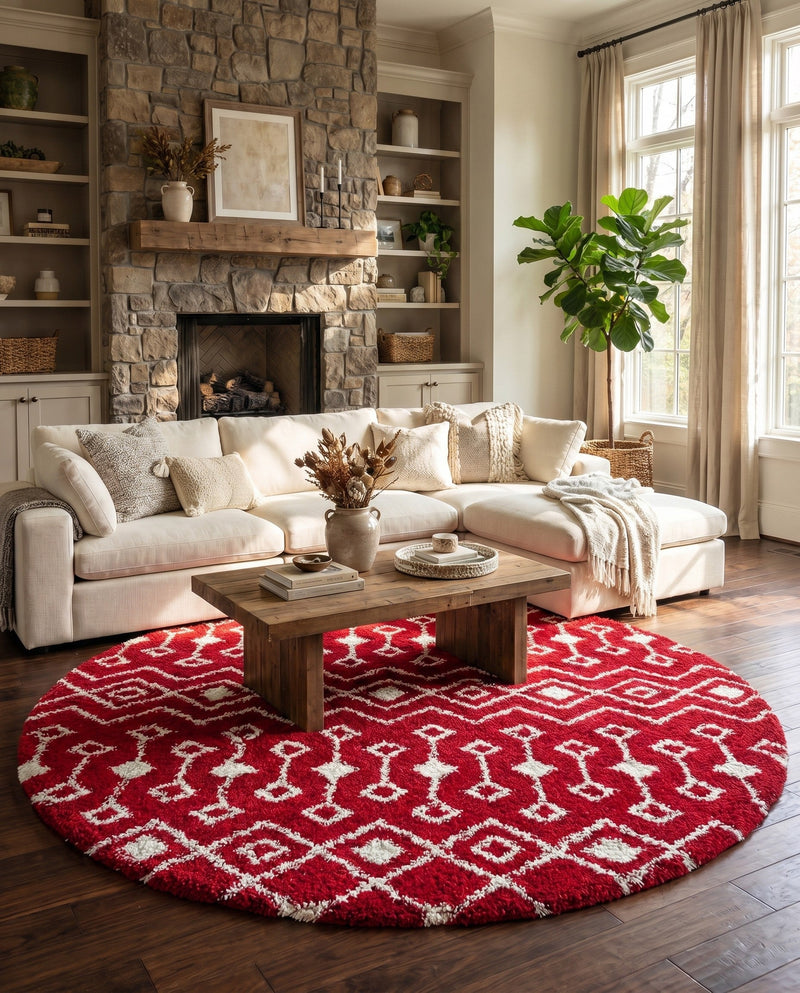 Berber Lattice Shag Collection Area Rug - Atlas (Burgundy Red) Round Burgundy Red  lifestyle 74