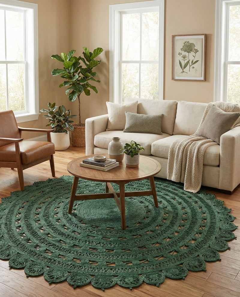 Woven Seaside Jute Collection Area Rug - Coastalhaven (Hunter Green) Round Hunter Green  lifestyle 34