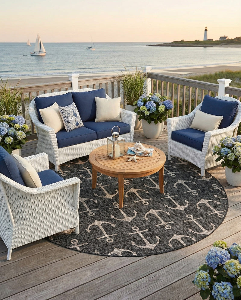 Seaside Haven Rugs Collection Area Rug - Sapphire (Charcoal) Round Charcoal  lifestyle 25