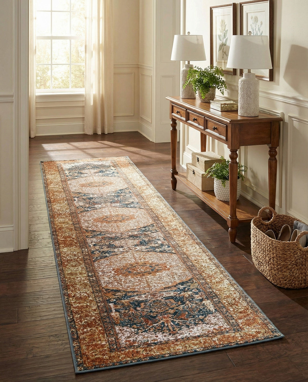 Patio Heritage Collection Area Rug -  Courtyard Runner Navy Blue and Light Pink  lifestyle 72