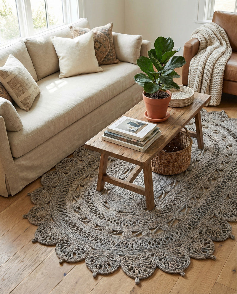 Woven Seaside Jute Collection Area Rug - Coastalhaven (Gray) Oval Gray  lifestyle 10