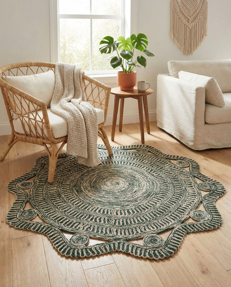 Woven Seaside Jute Collection Area Rug - Nantucket Round Green and White  lifestyle 20