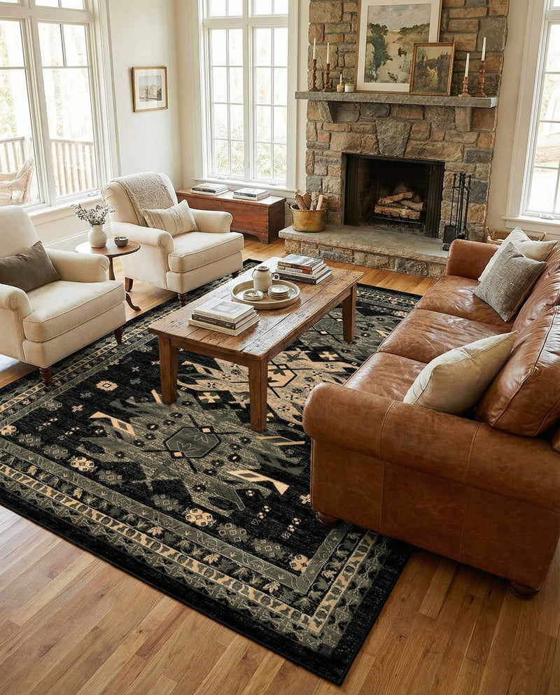 Tabriz Tapestries Collection Area Rug - Azerbaijan (Black) Rectangle Black  lifestyle 15