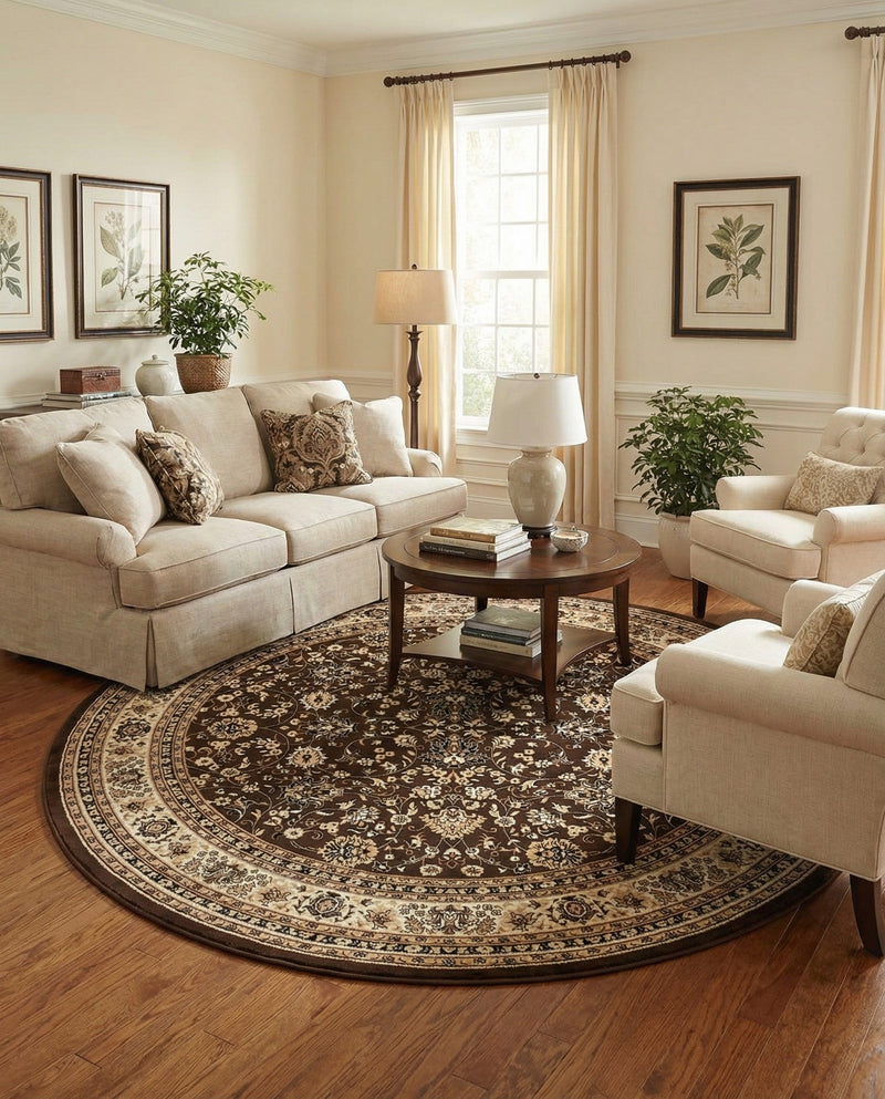 Isfahan Elegance Collection Area Rug - Naghsh-e Jahan (Brown) Round Brown  lifestyle 80