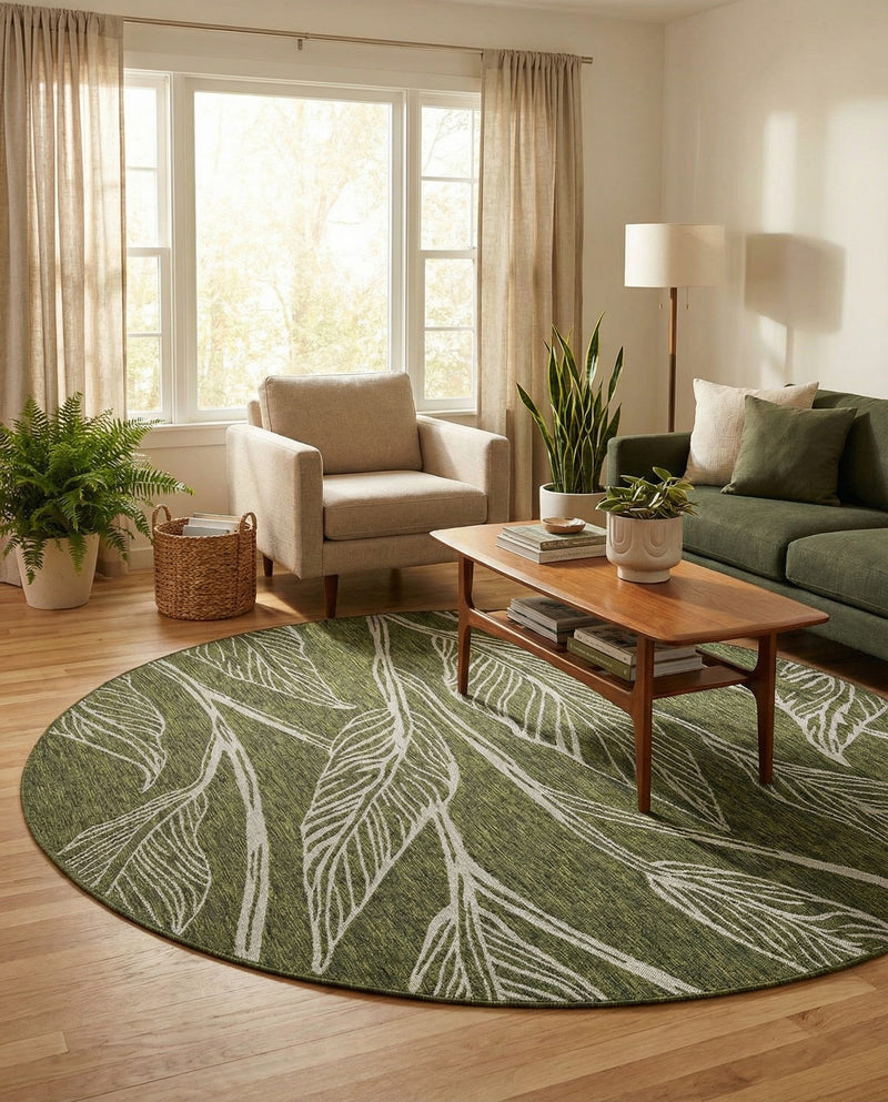 Seaside Blooms Collection Area Rug -  Evergreen (Green) Round Green  lifestyle 65