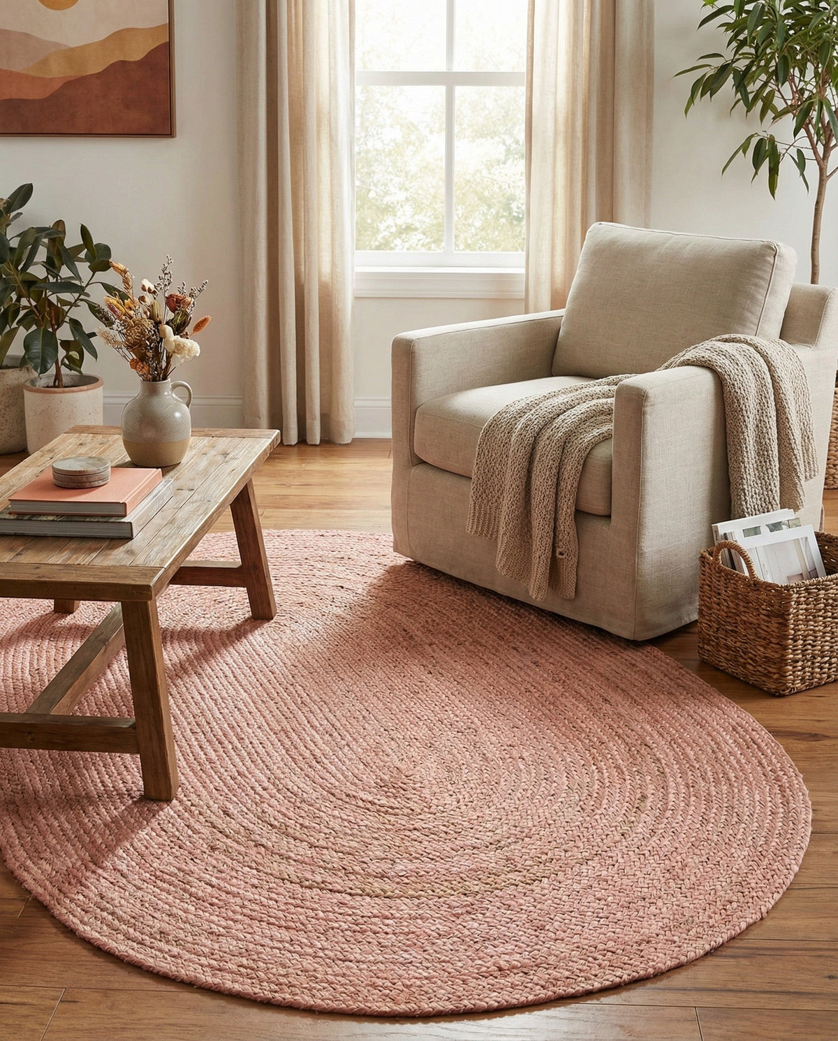 Woven Seaside Jute Collection Area Rug - Savannah (Light Pink) Oval Light Pink  lifestyle 81