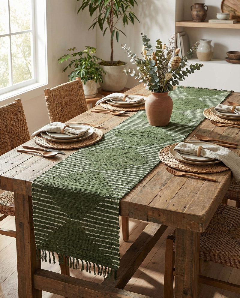 Thar Cotton Collection Area Rug - Jaisalmer (Green) Table Runner Green  lifestyle 57