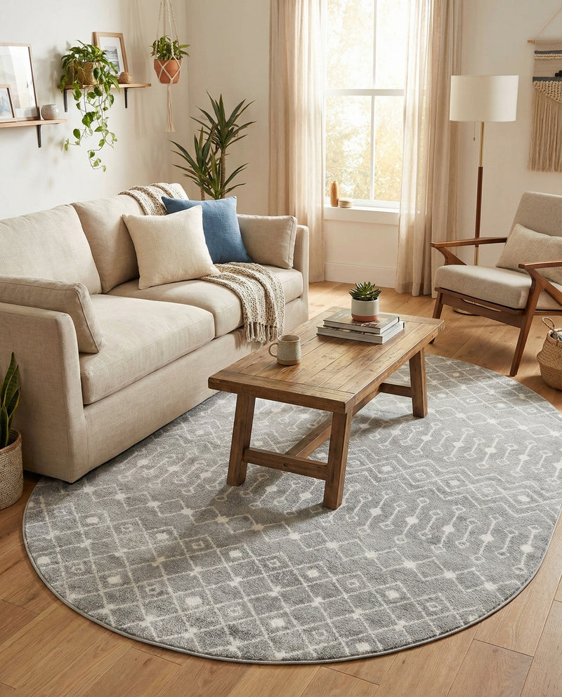 Mediterranean Lattice Collection Area Rug - Santorini (Gray) Oval Gray  lifestyle 60