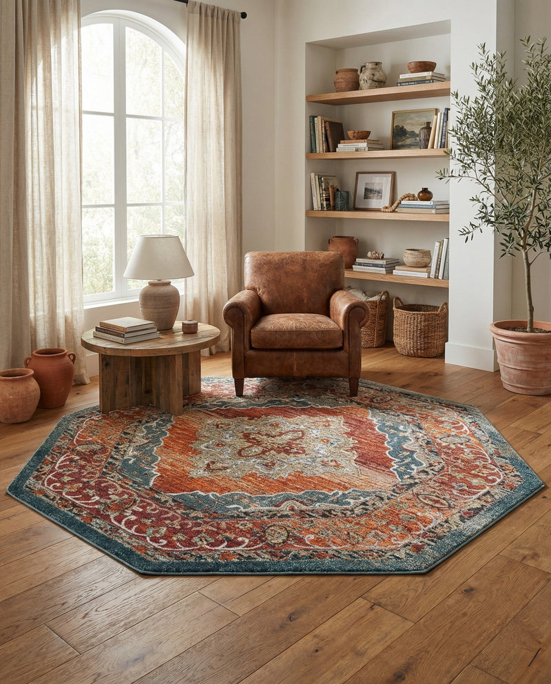 Savannah Soiree Collection Area Rug - Serengeti (Rust Red) Octagon Rust Red  lifestyle 54