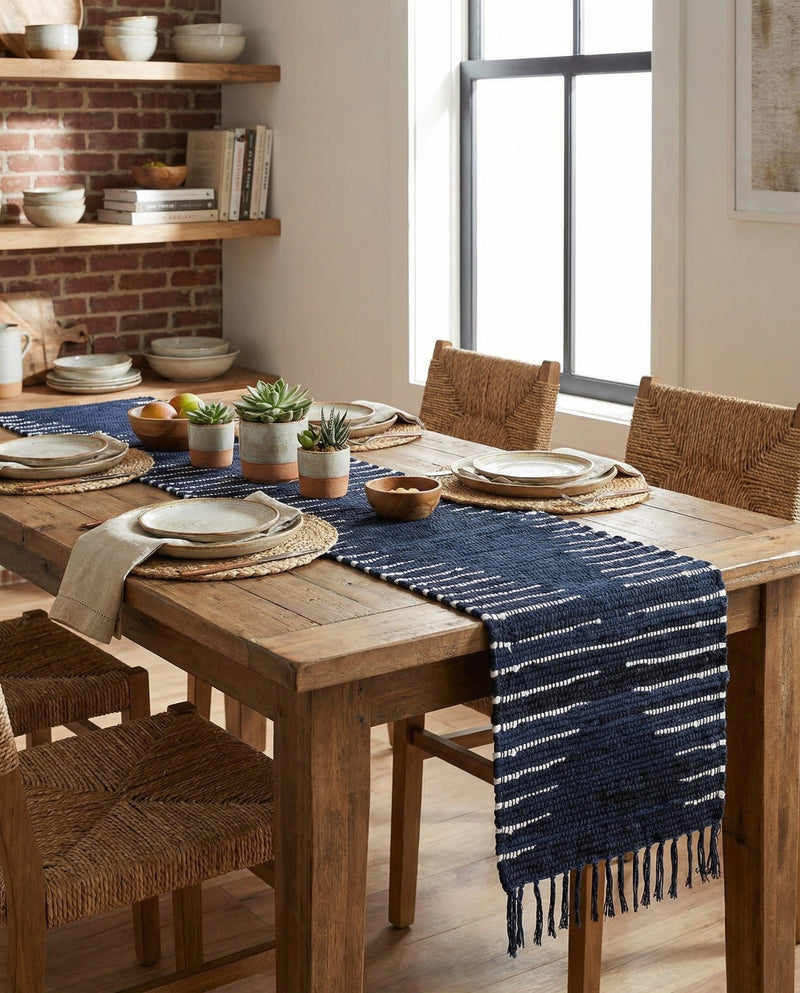Thar Cotton Collection Area Rug - Jaisalmer (Navy Blue) Table Runner Navy Blue  lifestyle 55