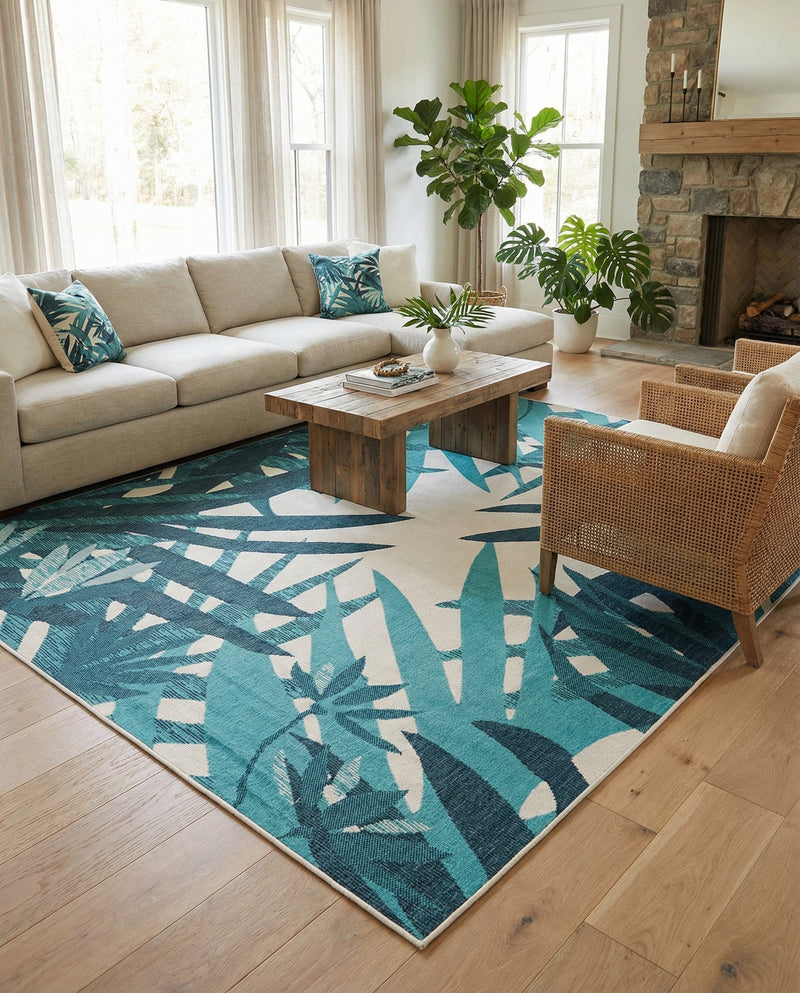 Seaside Blooms Collection Area Rug -  Provence Rectangle Teal blue  lifestyle 12