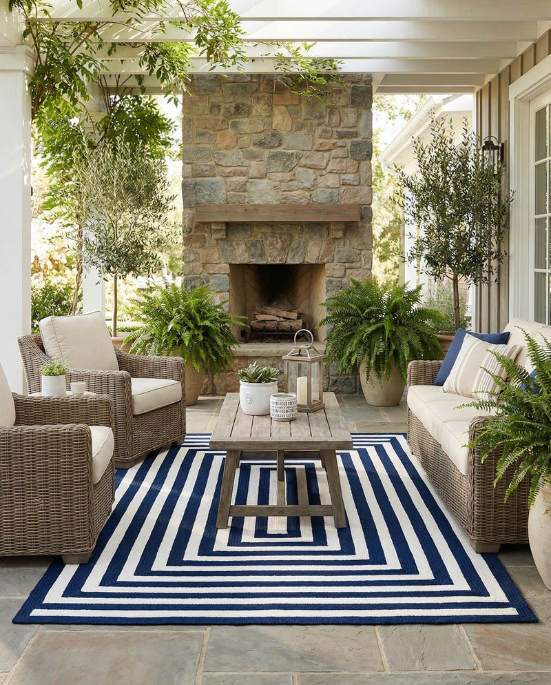 Sustainable Strands Indoor-Outdoor Oasis Collection Area Rug - Harborview Rectangle Navy Blue and White  lifestyle 25