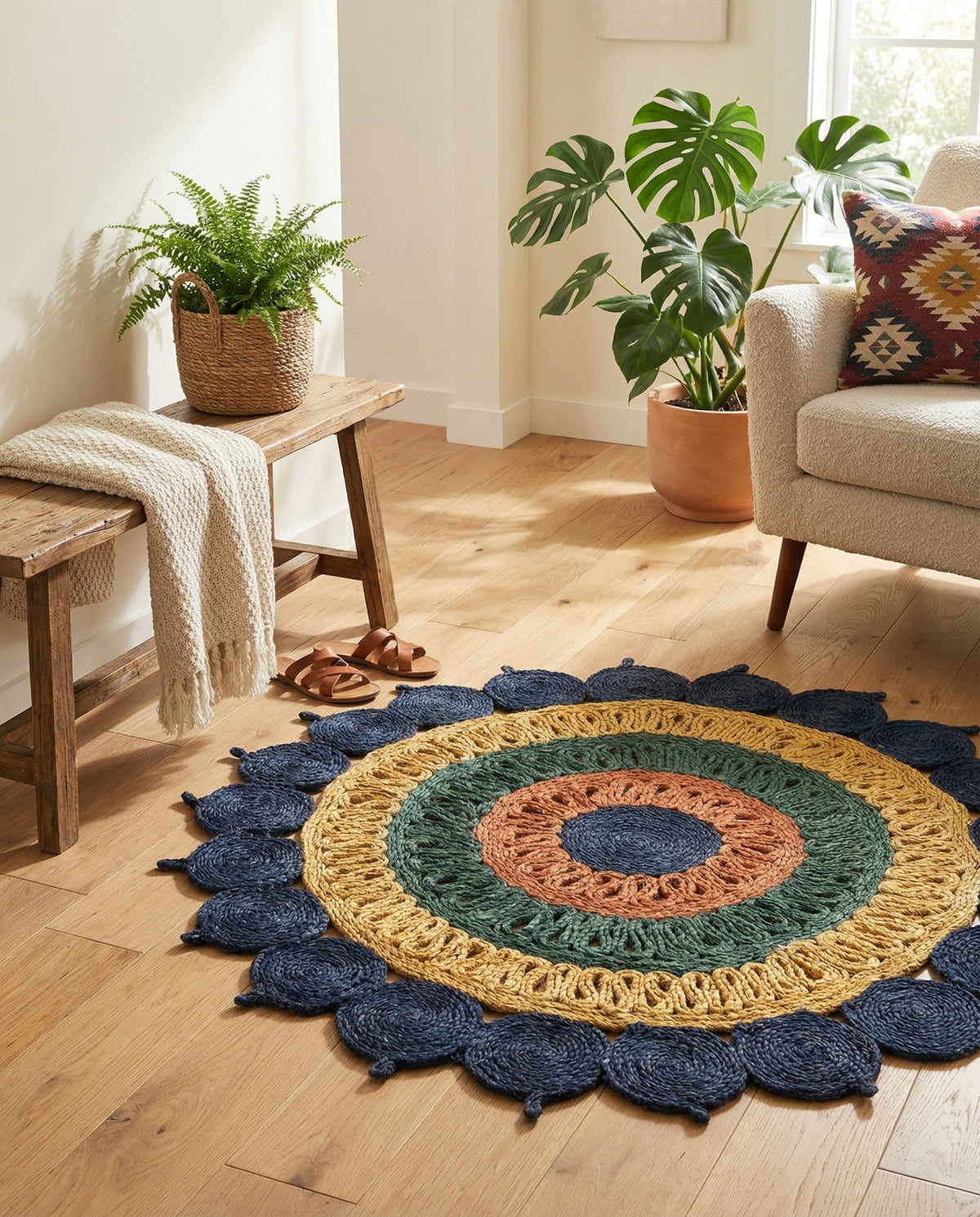 Woven Seaside Jute Collection Area Rug - Coastalhaven (Navy Blue Yellow Green) Round Navy Blue Yellow Green  lifestyle 11