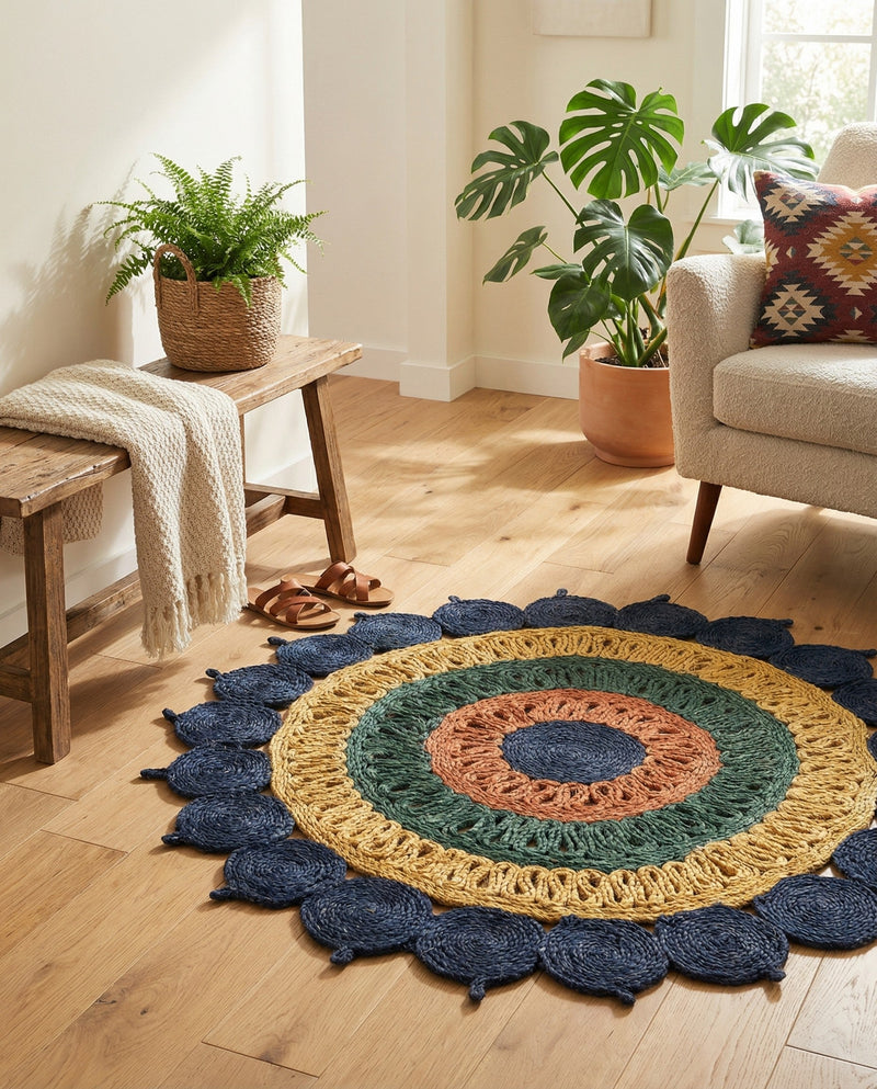 Woven Seaside Jute Collection Area Rug - Coastalhaven (Navy Blue Yellow Green) Round Navy Blue Yellow Green  lifestyle 11