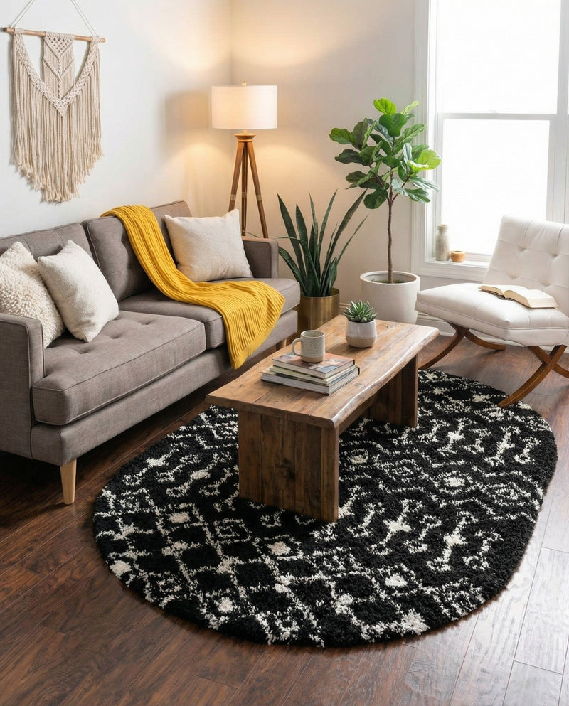 Berber Lattice Shag Collection Area Rug - Atlas (Black and White) Oval Black and White  lifestyle 25